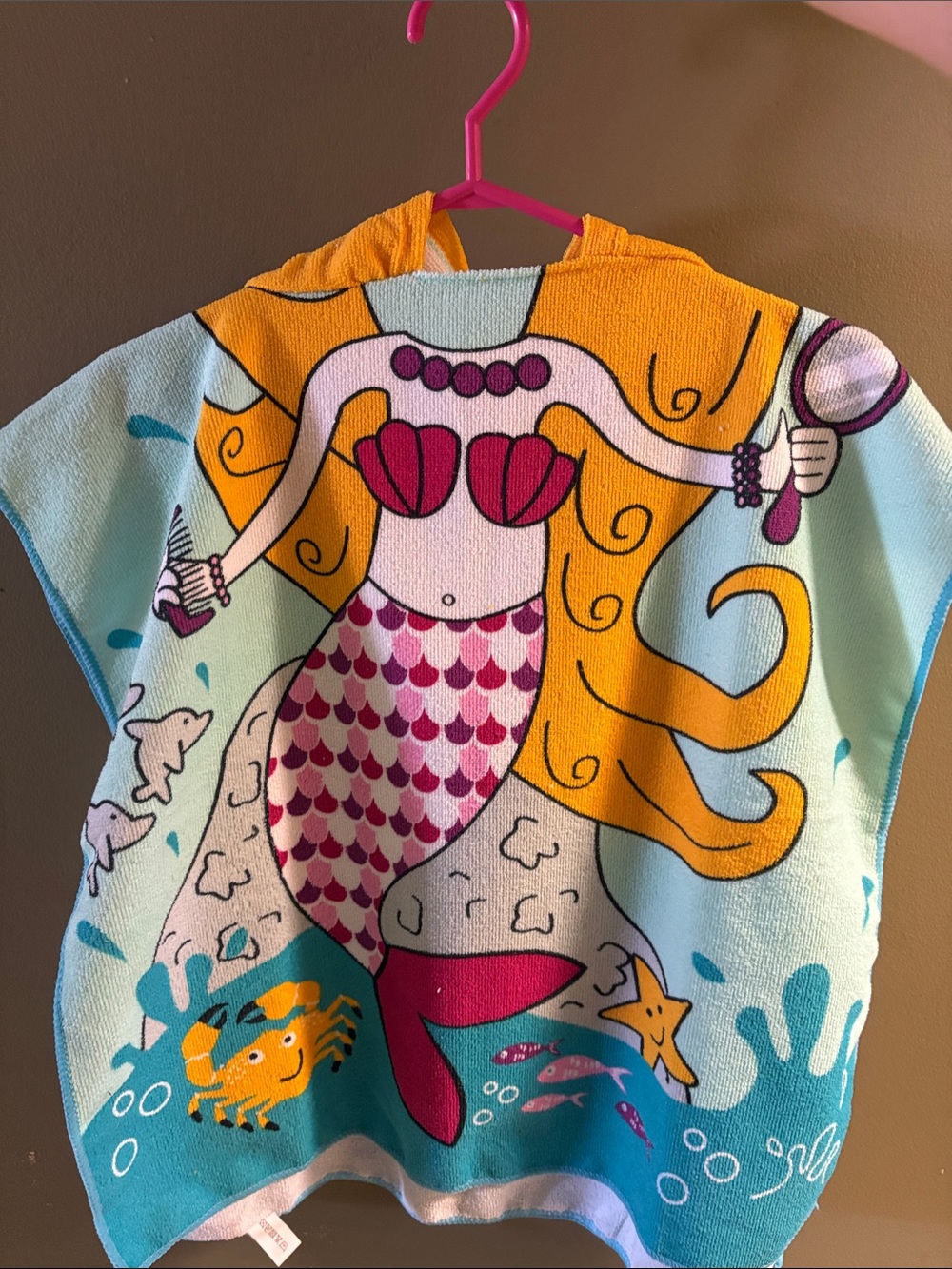Girls Mermaid Hooded Towel Poncho - Pink & Teal